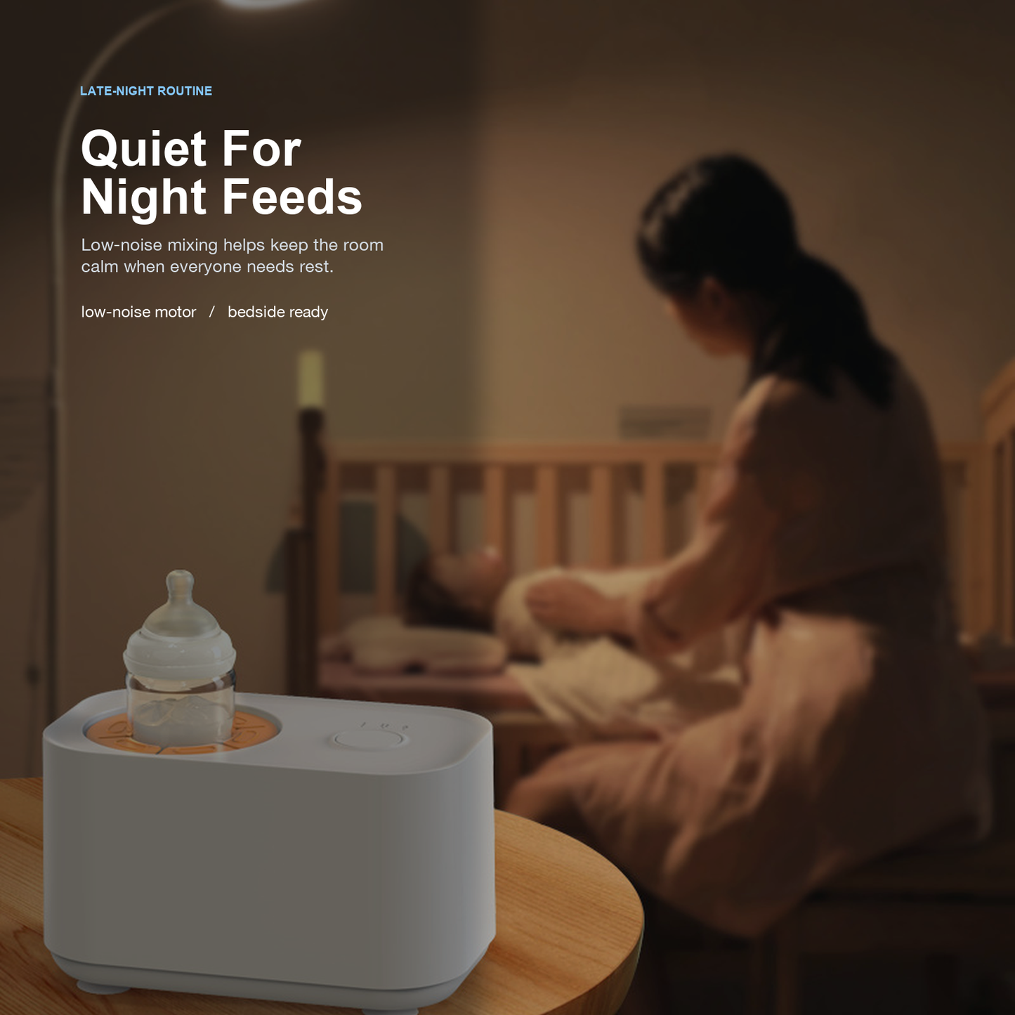 Quiet bottle warmer for late night feeding routine