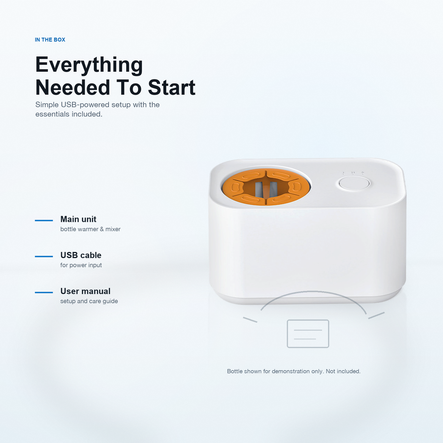 Bottle warmer box contents with USB cable and manual